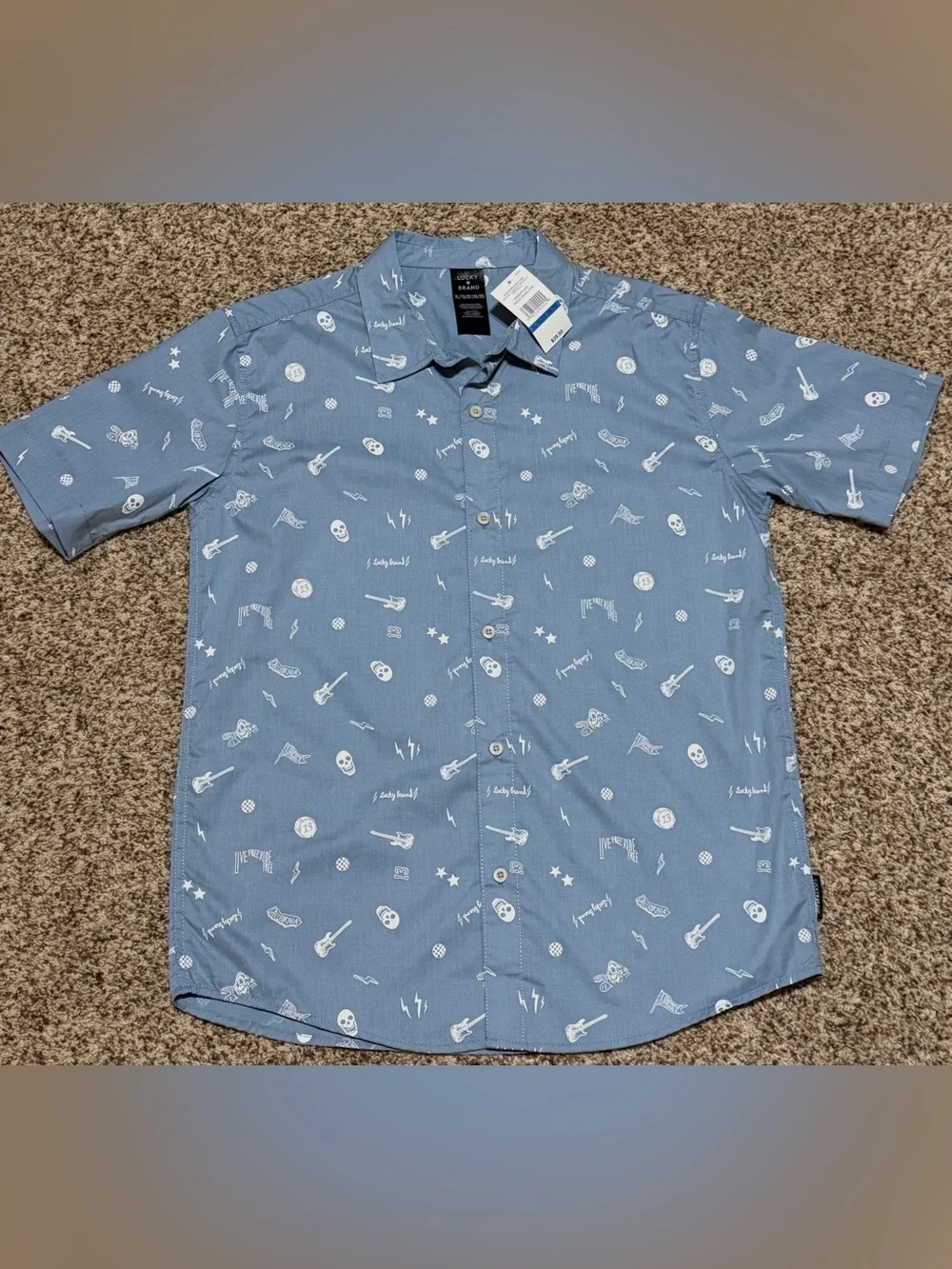 Lucky Brand Faded Denim Blue Rocker Button Down Camp Dress Shirt Boys XL NWT